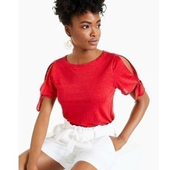 Charter Club Luxury Women's NWT Holiday Red 100% Linen Short Sleeve Top M - Picture 1 of 5